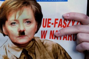 The cover of March number of newspaper 'Najwyzszy Czas!' shows a picture of German chancelor Angela Merkel in a brown uniform with a moustache looking like Adolf Hitler, 2 March 2007. EPA/STF +++(c) dpa - Bildfunk+++