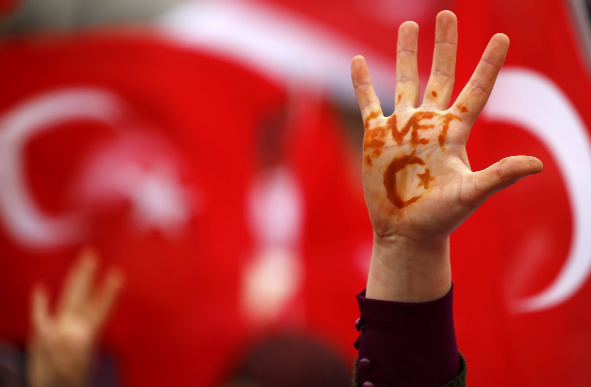 A supporter of Turkish President Tayyip Erdogan shows her hand painted with the word "yes" during a rally for the upcoming referendum in the Kurdish-dominated southeastern city of Diyarbakir, Turkey, April 1, 2017. REUTERS/Murad Sezer